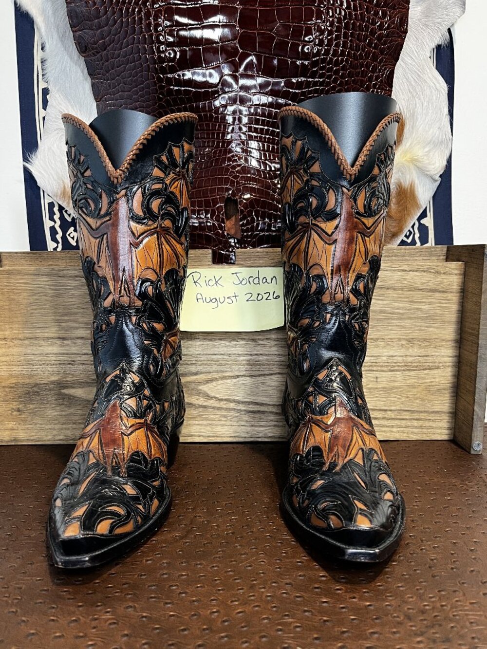 Famous Liberty Boot Co. Full Tooled Bats Cowboy Boots with Regal Braiding 11D